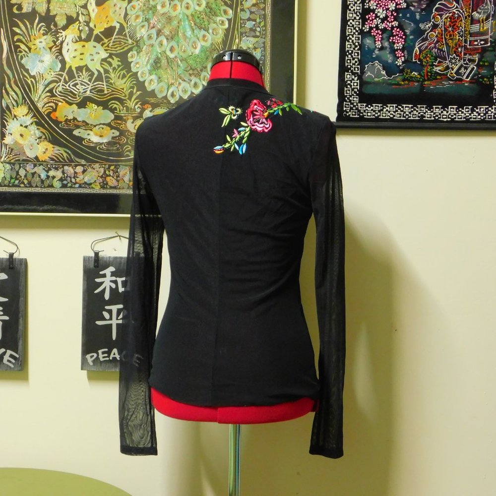 Cache Double Mesh Sheer Black Top W/ Embroidery - image 3